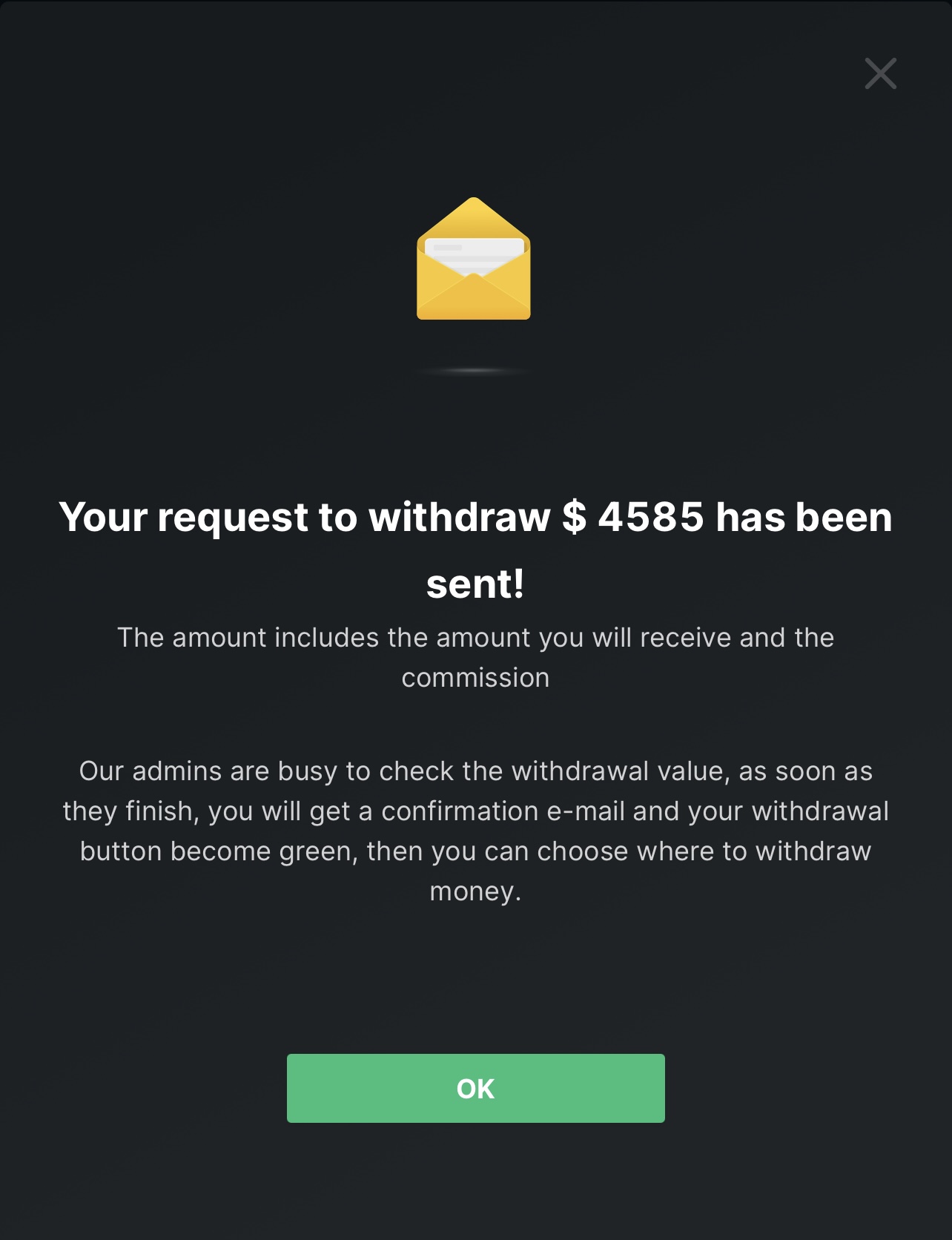 Withdrawal request for $4,585 confirmation